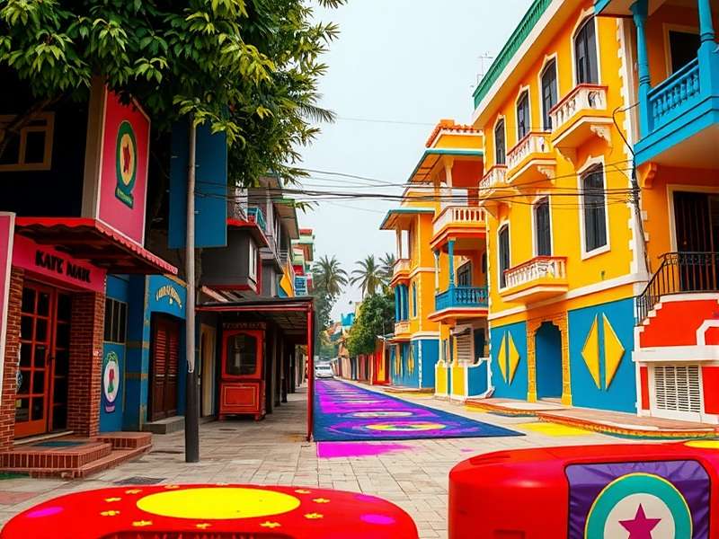 Rangoli Nagar - The Vibrant World of Rainbow Holi Chase Rangoli Nagar in Rainbow Holi Chase showing colorful streets and Indian-style houses