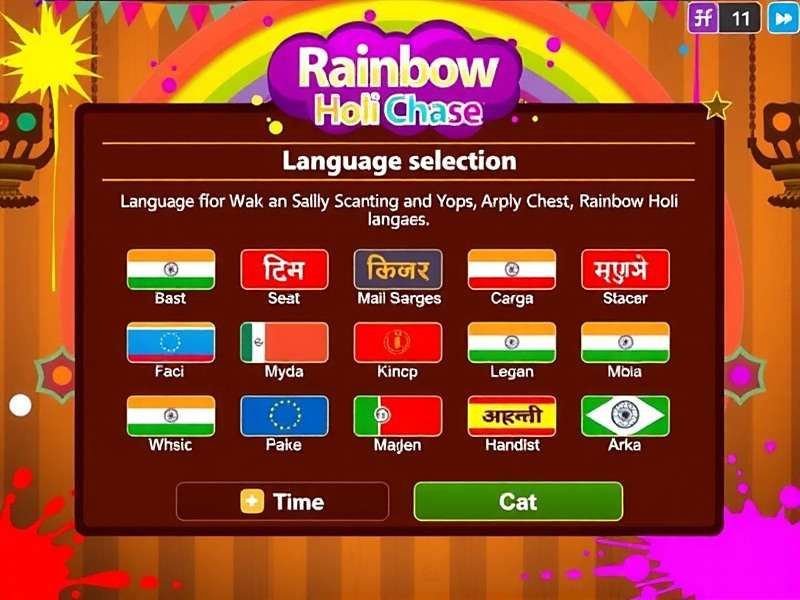 Choose Your Language in Rainbow Holi Chase Language selection screen in Rainbow Holi Chase showing various Indian languages